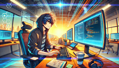 Anime-style young programmer coding at computer desk