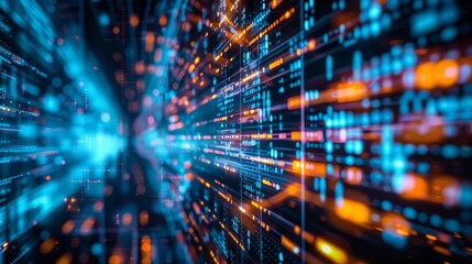 Dynamic data stream with blue and orange light patterns