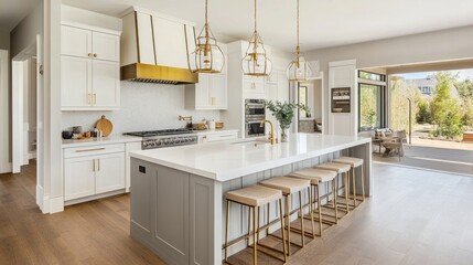 Modern Kitchen Interior with Island, Gold Accents, and Patio View