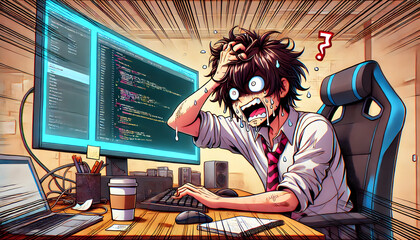 Anime-style young coder frustrated while coding at computer