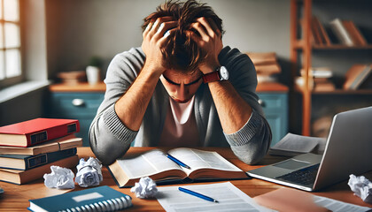 Stressed student struggling with study workload