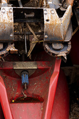 View is straight. Red header header of a corn harvester close-up