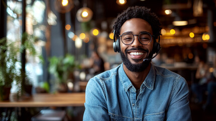 Fototapeta premium Smiling man wearing a headset sits in a cafe with plants and warm lights in the background. Concept of work, communication, and relaxation.