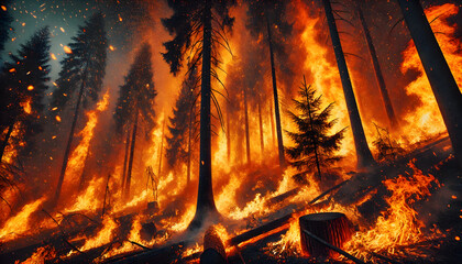 Forest wildfire engulfing trees in flames