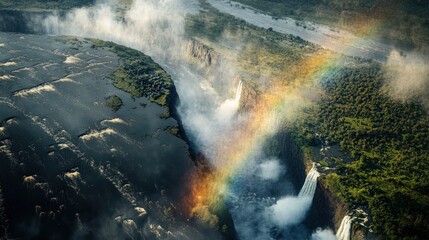 Aerial View of Victoria Falls with Rainbow