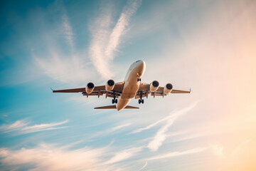 Airplane soars mid flight against blue sky, sunlight highlighting engines, evoking freedom and...