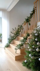 Decorative Christmas tree and festive staircase adorned with greenery in a cozy winter setting