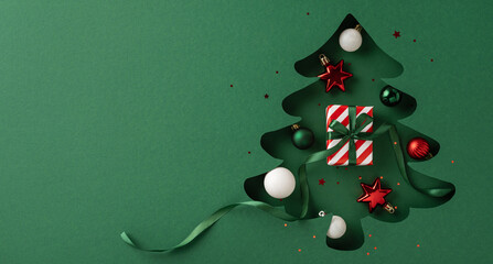 A green paper Christmas tree cutout adorned with red and white ornaments, stars, and a wrapped gift, conveying a festive holiday atmosphere and creative design