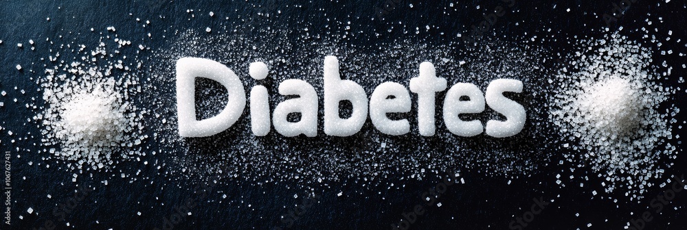 Poster granulated sugar forming the word diabetes on a dark background representing the health risks of exc