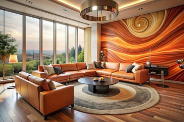 A large, modern living room with orange-toned wall art, brown leather sectional sofa, and hardwood floors. Large windows show a view.