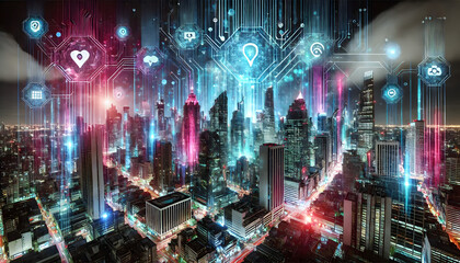 Futuristic Smart City with Digital Connectivity and Neon Lights
