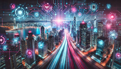 Futuristic Smart City with Digital Connectivity and Neon Lights