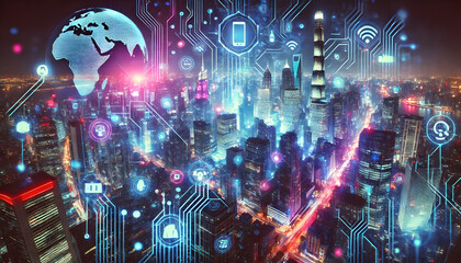 Futuristic Smart City with Digital Connectivity and Neon Lights