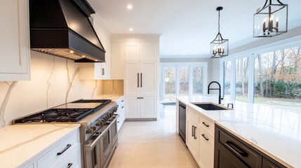 Modern Kitchen with White Cabinets, Black Appliances, and Marble Countertops