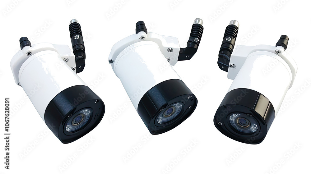Poster set of three cctv security cameras on a transparent background generative ai