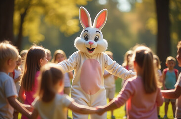 Easter bunny and children at the holiday
