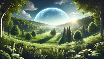  Scenic Green Valley Landscape with Rolling Hills and Sunlit Trees