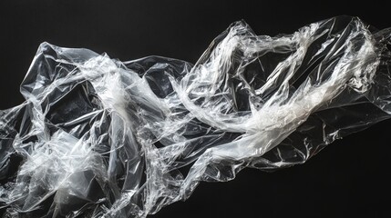 Crumpled Plastic Wrap Art, an abstract composition featuring textured layers of plastic wrap, casting intriguing shadows and highlights against a deep black backdrop.