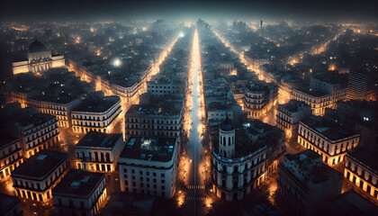 Aerial Night View of Illuminated City Streets and Historic Architecture