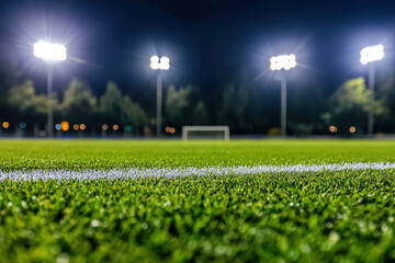 Evening Football Match Under Bright Stadium Lights With Vibrant Green Field