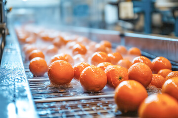Close up orange citrus washing on conveyor belt at fruits automation water spray cleaning machine in production line of fruits manufacturing. selective focus