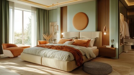 Fototapeta premium Modern Bedroom Interior Design with Beige, Green, and Orange Tones