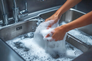 Close up shot of woman hands washing dishes or utensils at kitchen using liquid soap - concept of household domestic work and routine housework