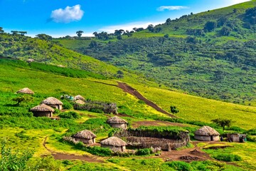 A unique Maasai village at the foot of the Ngrongoro crater in Tanzania