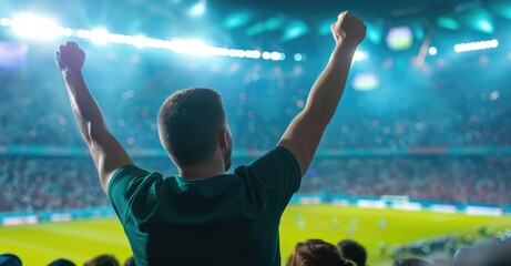 A cheering fan celebrates a goal in a vibrant stadium filled with enthusiastic supporters and bright lights, capturing the excitement of live soccer matches.