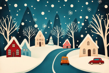 Fototapeta premium Scenic Snowy Road Through Winter Village with Snow-Covered Houses, Trees, and Falling Snowflakes at Night