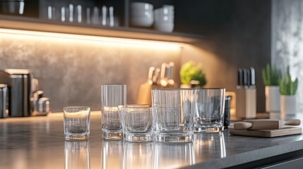 Elegant glassware arrangement, contemporary kitchen setting, vibrant reflections, stylish decor, inviting atmosphere, accentuating modern design elements, perfect for entertaining guests