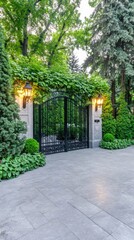 Illuminated entrance to a beautifully landscaped garden at night with marble stone pavement and elegant lighting