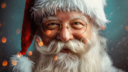 Close-Up of Smiling Santa with Twinkling Holiday Lights