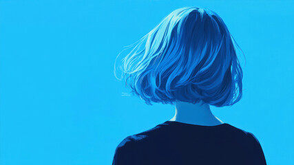 Fototapeta premium A Girl With Blue Bob Hairstyle Facing a Bright Blue Background on a Clear Day