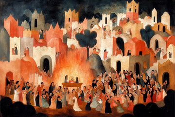 Obraz premium Traditional village gathering illustration with large crowd and bonfire, folk art style in warm colors