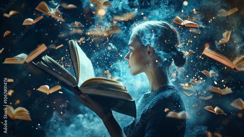 Poster magical reading experience with floating books