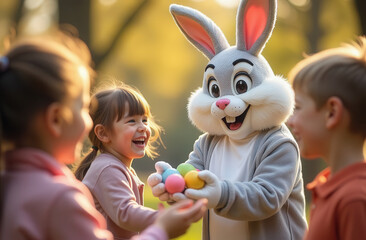 Easter bunny and children at the holiday