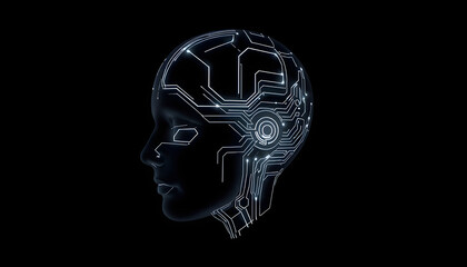 Obraz premium Futuristic human head, black with bright lines. Concept of artificial intelligence. 3D render / rendering isolated with white highlights, png
