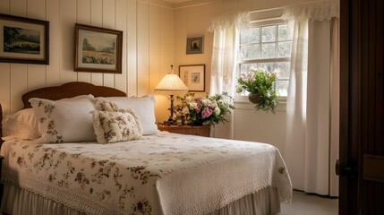 Inviting Guest Room, a cozy space featuring a neatly made bed, fresh flowers, and a warm ambiance, perfect for creating a welcoming atmosphere for visitors