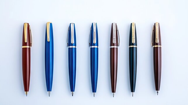 A collection of six elegantly designed pens in diverse styles arranged neatly on a minimalist white background