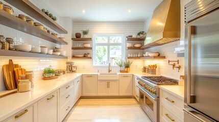 Fototapeta premium Modern Kitchen with White Cabinets, Gold Accents, and Open Shelving