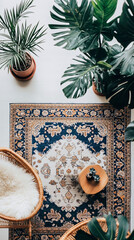 Fototapeta premium Blue and white Persian carpet with cozy rattan chairs