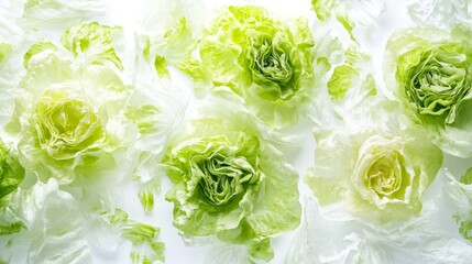 Obraz premium This vibrant display showcases fresh iceberg lettuce, emphasizing its crisp texture and bright green layers against a clean white background, ideal for salads and garnishes
