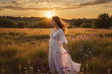 Serene Young Woman in Flowing White Dress Walking Through a Field at Sunset
