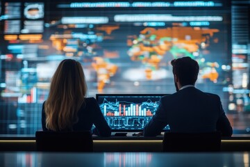 Professionals analyzing global data trends in a modern office environment at night