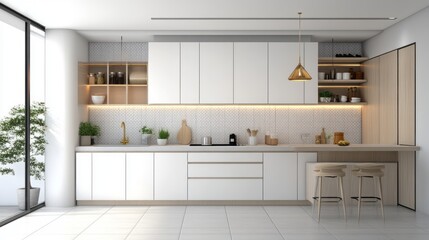 Fototapeta premium Modern White Kitchen with Wooden Accents and Bar Stools