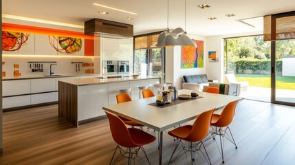 Modern Kitchen and Dining Area with White Cabinets and Orange Chairs