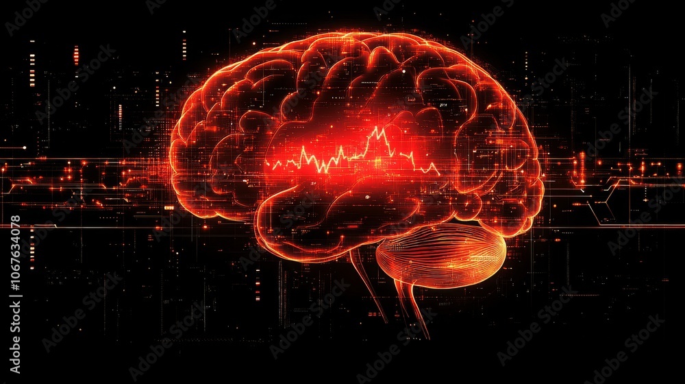 Poster digital heartbeat in a brain silhouette symbolizing cognitive function and tech integration
