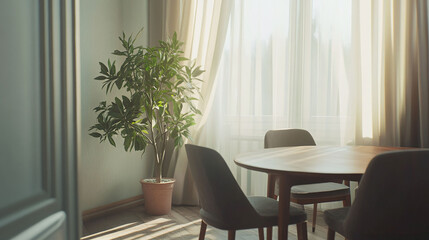 Softly Lit Dining Room with Green Plant Decor