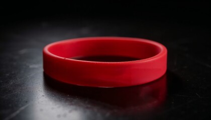 Red silicone wristband on dark background with soft shadows